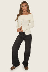 Cream Bardot Button Front Ribbed Knit Top - Samana