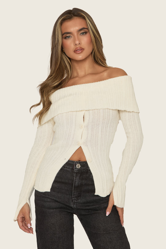 Cream Bardot Button Front Ribbed Knit Top - Samana