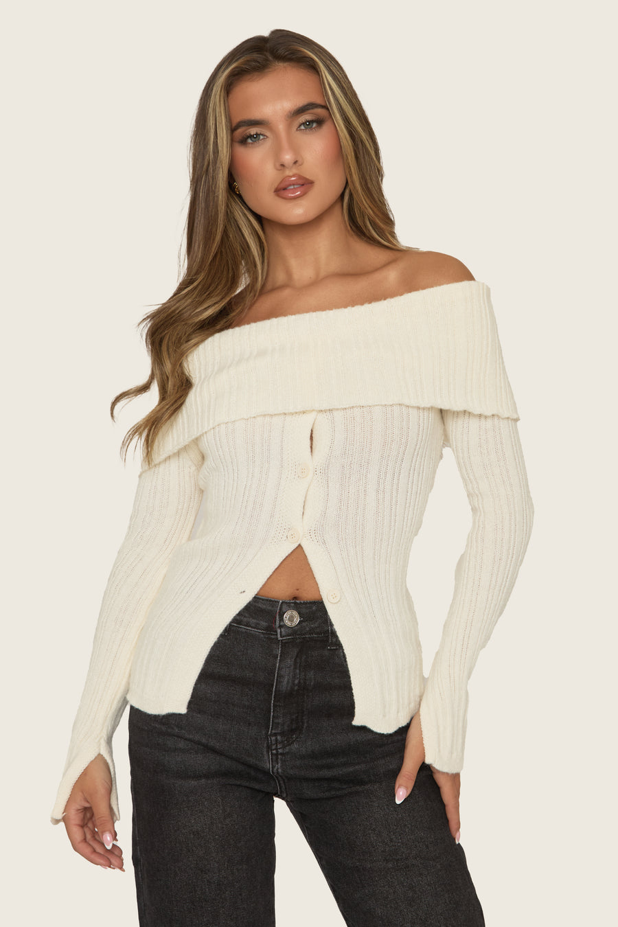 Cream Bardot Button Front Ribbed Knit Top - Samana