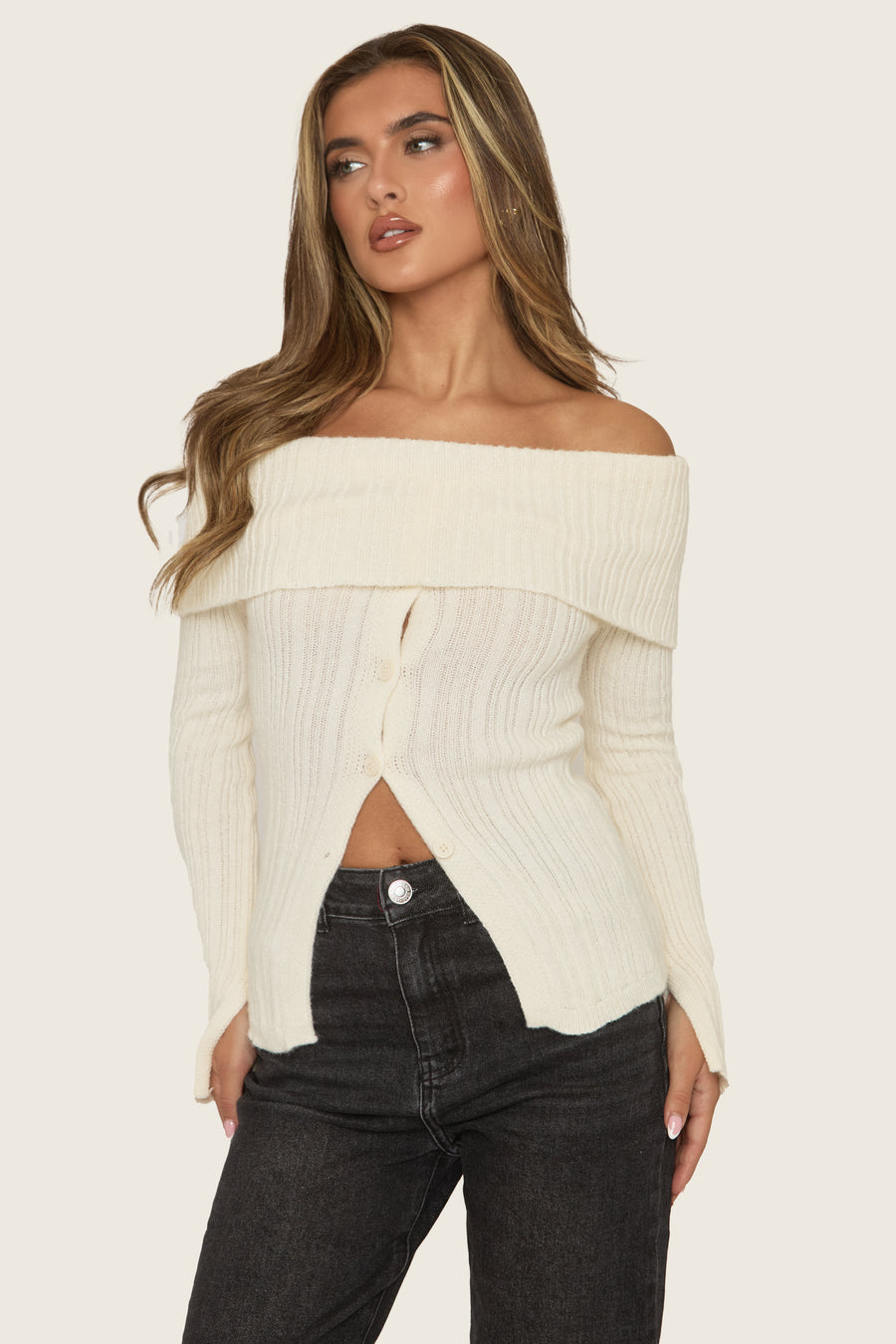 Cream Bardot Button Front Ribbed Knit Top - Samana