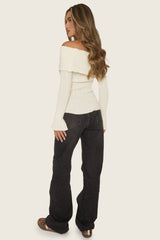 Cream Bardot Button Front Ribbed Knit Top - Samana