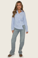 Blue Stripe Asymmetric Button Detail Shirt - Ollia