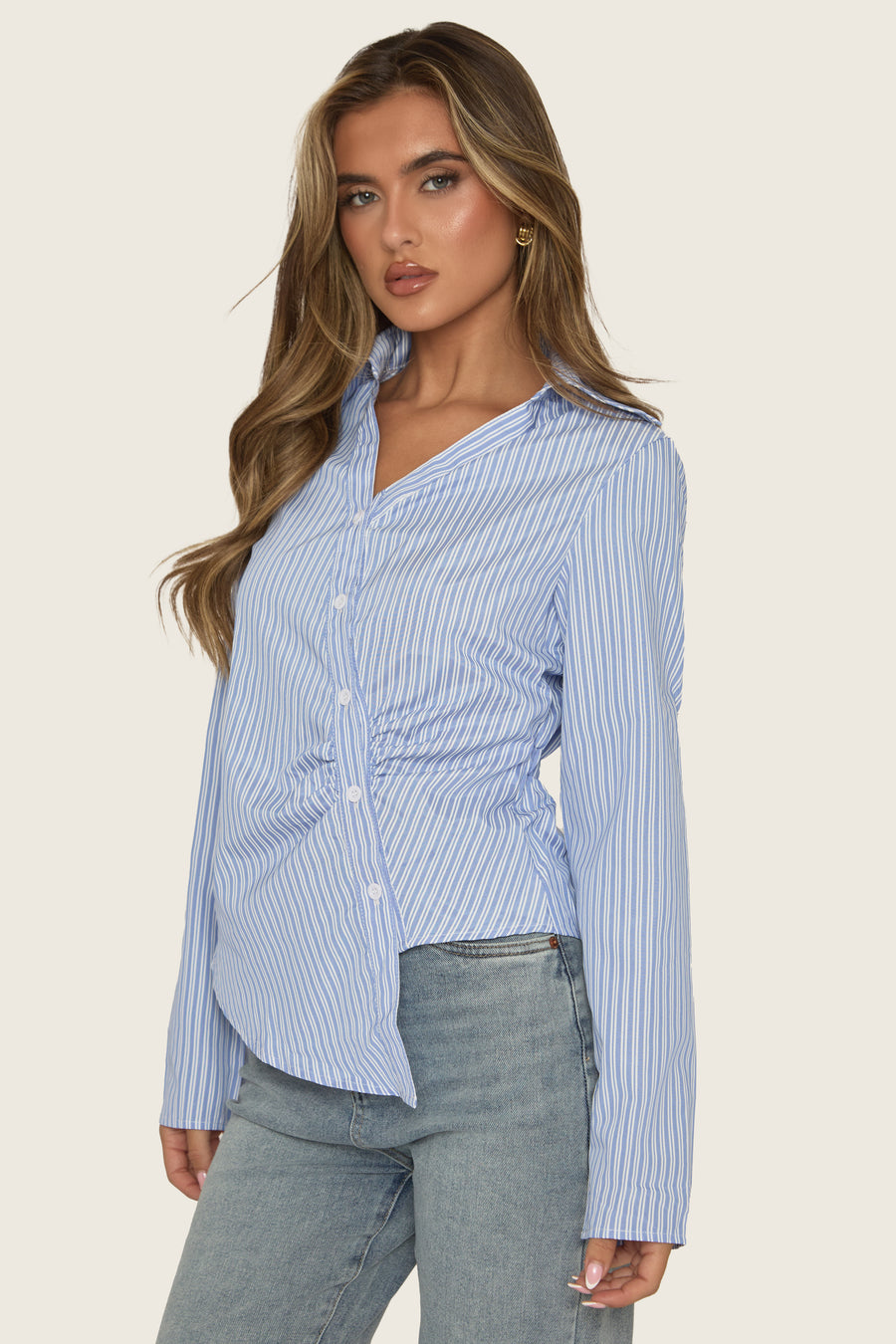 Blue Stripe Asymmetric Button Detail Shirt - Ollia