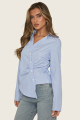 Blue Stripe Asymmetric Button Detail Shirt - Ollia