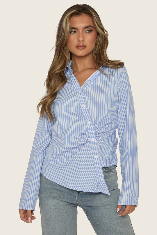 Blue Stripe Asymmetric Button Detail Shirt - Ollia