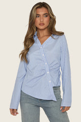 Blue Stripe Asymmetric Button Detail Shirt - Ollia