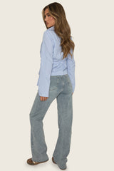 Blue Stripe Asymmetric Button Detail Shirt - Ollia