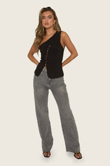 Black One Shoulder Asymmetric Button Front Top - Rossia