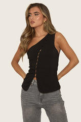 Black One Shoulder Asymmetric Button Front Top - Rossia