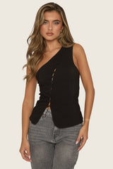 Black One Shoulder Asymmetric Button Front Top - Rossia
