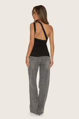 Black One Shoulder Asymmetric Button Front Top - Rossia