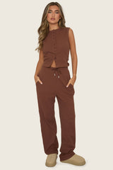Chocolate Button Front Top and Trouser Loungewear Set - Caitlen