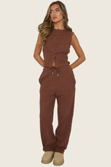 Chocolate Button Front Top and Trouser Loungewear Set - Caitlen