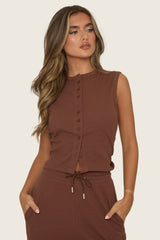 Chocolate Button Front Top and Trouser Loungewear Set - Caitlen