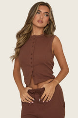 Chocolate Button Front Top and Trouser Loungewear Set - Caitlen