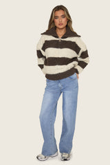 Chocolate Stripe Fluffy Knit Zip Through Cardigan - Mikken