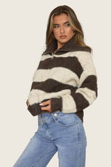 Chocolate Stripe Fluffy Knit Zip Through Cardigan - Mikken