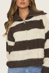 Chocolate Stripe Fluffy Knit Zip Through Cardigan - Mikken