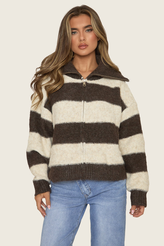 Chocolate Stripe Fluffy Knit Zip Through Cardigan - Mikken