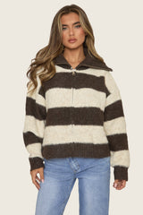 Chocolate Stripe Fluffy Knit Zip Through Cardigan - Mikken