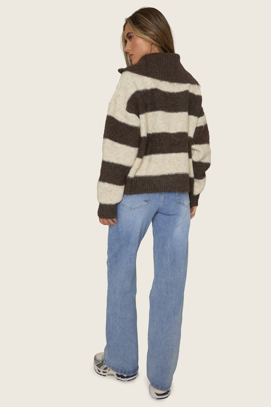 Chocolate Stripe Fluffy Knit Zip Through Cardigan - Mikken