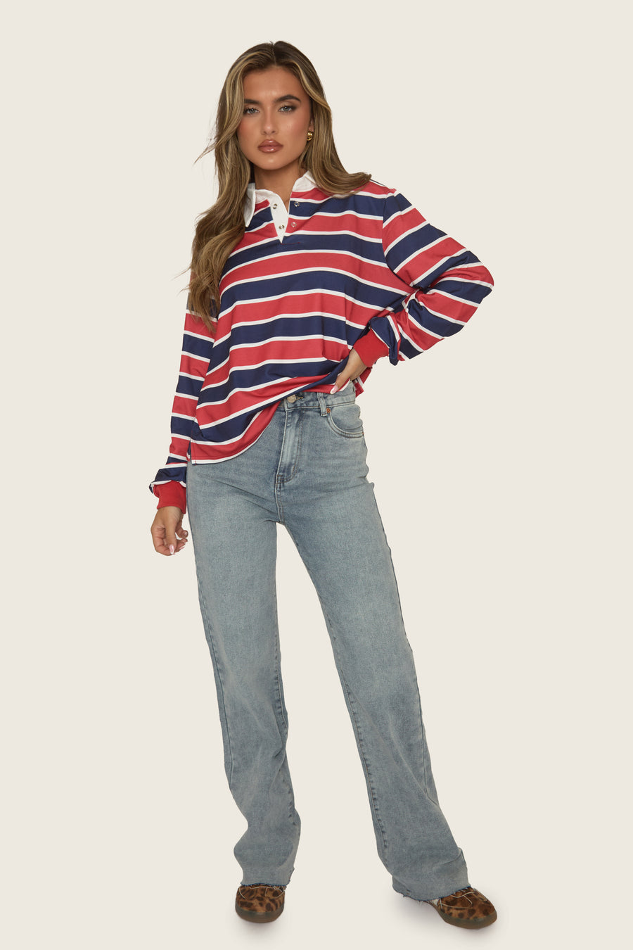 Red Stripe Long Sleeve Collared Top - Karlia