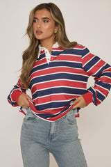 Red Stripe Long Sleeve Collared Top - Karlia