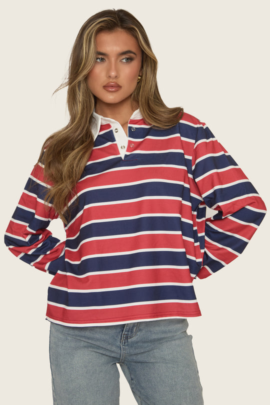 Red Stripe Long Sleeve Collared Top - Karlia