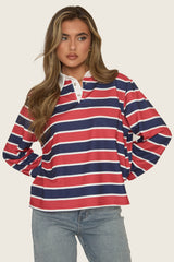 Red Stripe Long Sleeve Collared Top - Karlia