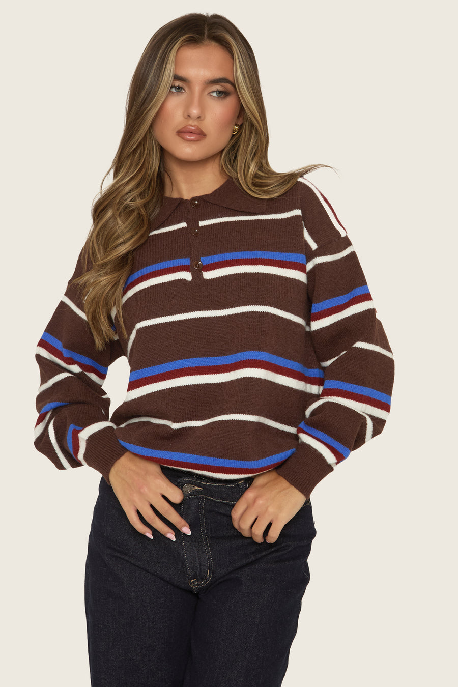 Chocolate Stripe Collared Knit Jumper - Ayelin
