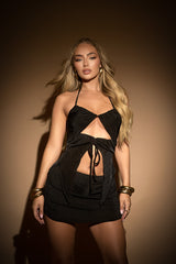 Black Acetate Slinky Multi Tie Asymmetric Top and Mini Skirt Co-Ord Set - Desra