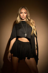Black Linen Look Asymmetric Top and Skort Co-ord Set - Keona
