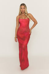 Red Printed Strappy Tie Back Maxi Dress - Aurella