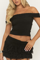 Black Lace Detail Bardot Top And Tiered Frill Mini Skirt - Reena