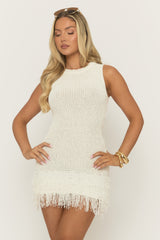 Cream Knitted Tassel Trim Mini Dress - Alvie