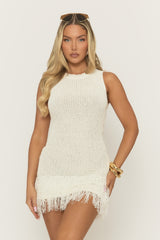 Cream Knitted Tassel Trim Mini Dress - Alvie