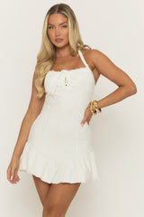 White Lace Frill Hem Halterneck Mini Dress - Tyran