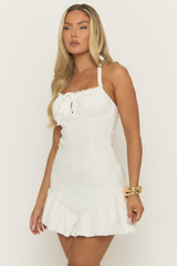 White Lace Frill Hem Halterneck Mini Dress - Tyran