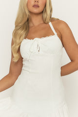 White Lace Frill Hem Halterneck Mini Dress - Tyran