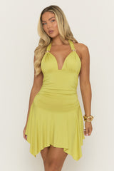 Green Trim Detail Asymmetric Waterfall Hem Mini Dress - Ismay