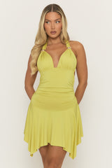 Green Trim Detail Asymmetric Waterfall Hem Mini Dress - Ismay