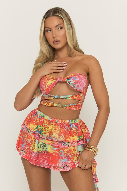 Orange Paisley Print Twist Front Top and Mini Skirt Co-ord Set - Meeria