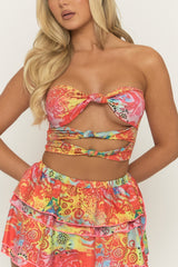 Orange Paisley Print Twist Front Top and Mini Skirt Co-ord Set - Meeria