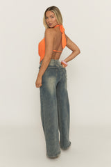 Orange Flower Detail Plunge Cowl Halter Top - Aralan