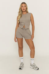 Dark Grey Sleeveless Button Front Rib Top and Short Loungewear Co-ord Set - Zita