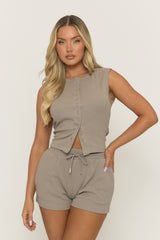 Dark Grey Sleeveless Button Front Rib Top and Short Loungewear Co-ord Set - Zita