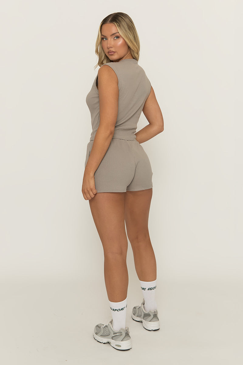 Dove Grey Sleeveless Button Front Rib Top and Short Loungewear Co-ord Set - Zita