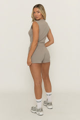 Dark Grey Sleeveless Button Front Rib Top and Short Loungewear Co-ord Set - Zita