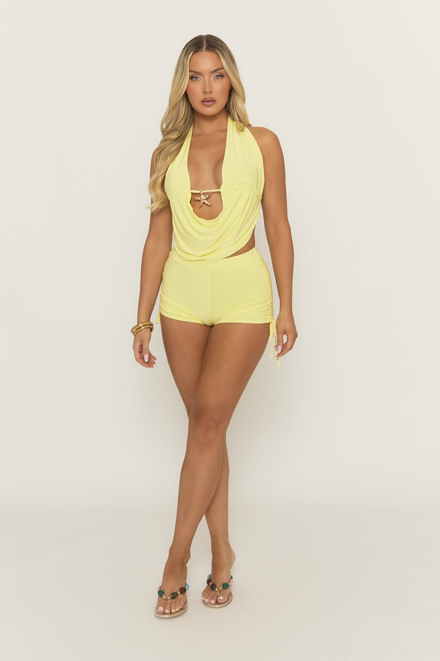 Yellow Starfish Trim Top and Ruched Short Co-ord Set - Airida