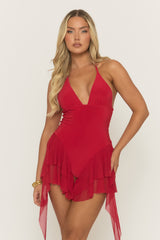 Red Halter Neck Frill Hem Playsuit - Nelya